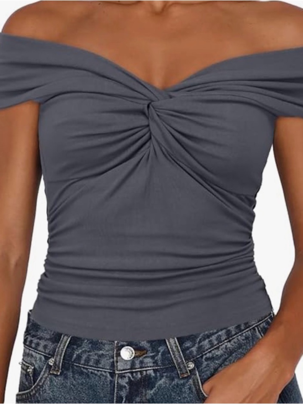 Off-Shoulder Twist-knot Front Women's Top - Gray Sz XS